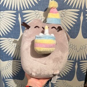 Cute Plush Cat with Party Hat and Cake